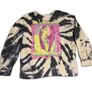 Aaliyah tie dye sweatshirt with fluorescent Aaliyah design on front. Woman's SM.